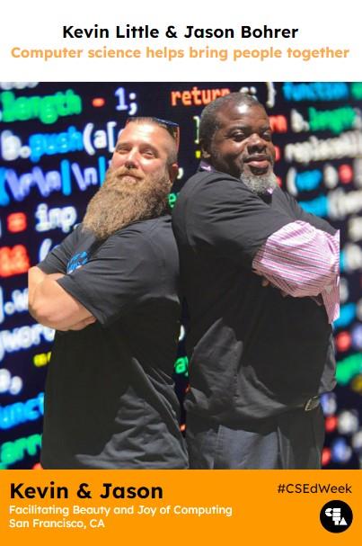 Kevin and Jason standing back-to-back on a poster celebrating CS education 